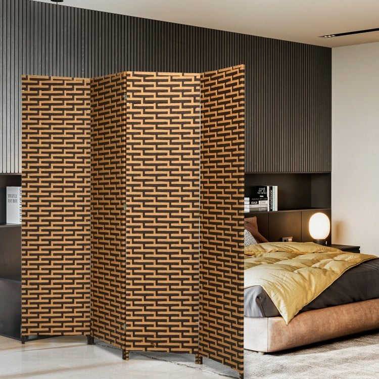 Four-panel folding privacy partition room divider in yellow with hand-woven design, ideal for living room or bedroom.