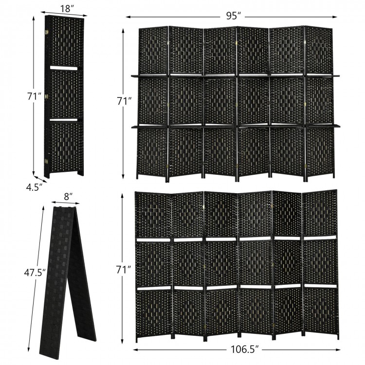 6-panel black folding room divider with hand-woven fiber design and 2 display shelves for versatile home decor.