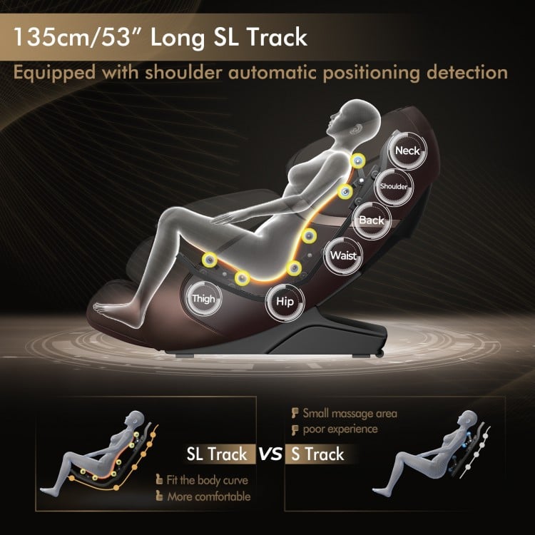 Zero gravity Shiatsu massage chair in brown with SL track, featuring automatic shoulder detection and heating for full.