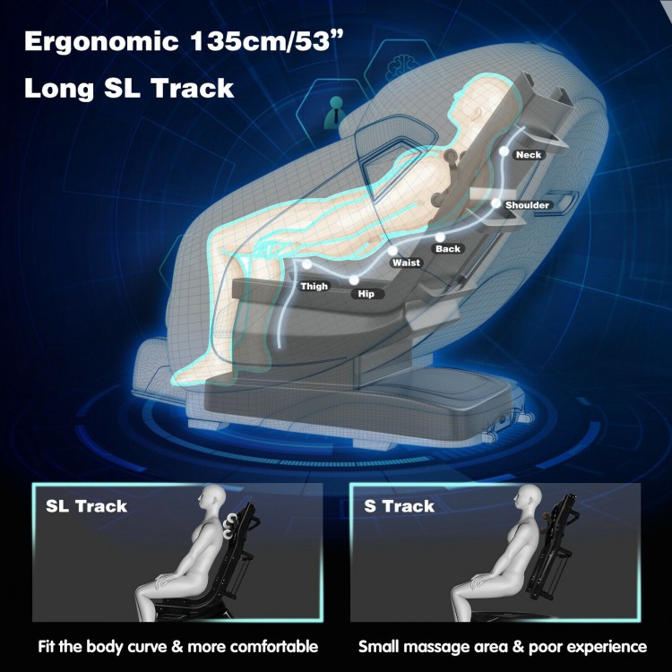 Full body zero gravity massage chair with 135cm SL track, designed for comfort and ergonomic support.