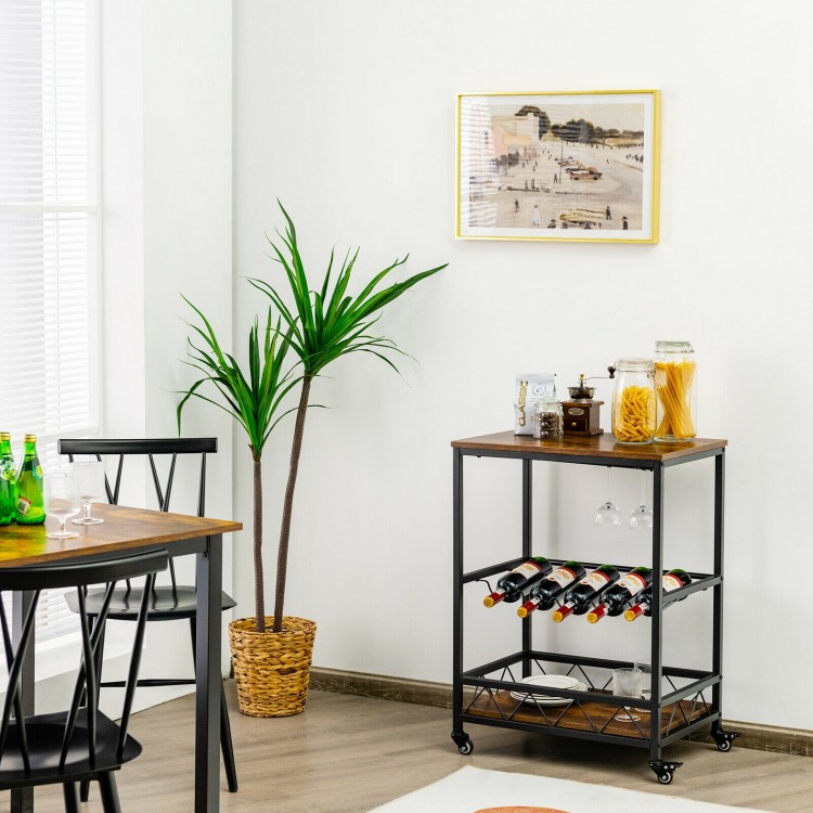 Rustic brown kitchen bar cart on wheels with wine rack and glass holder, featuring a large countertop and bottom shelf.