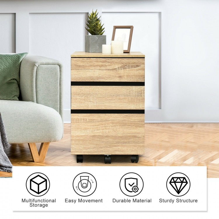 3-drawer mobile file cabinet in engineered wood with wheels, ideal for home office storage and easy access to files.