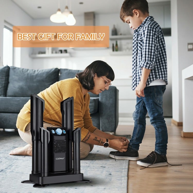 Electric shoe dryer in black with ozone disinfection, drying two pairs of shoes efficiently for cozy, warm footwear.