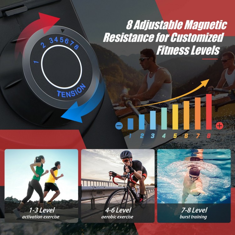 Folding magnetic rowing machine with adjustable resistance, aluminum rail, and digital monitor for effective workouts.