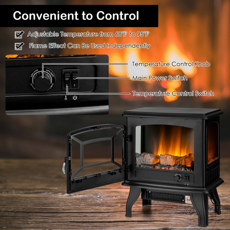 Freestanding black electric fireplace heater with adjustable thermostat and realistic flame effect for cozy warmth.