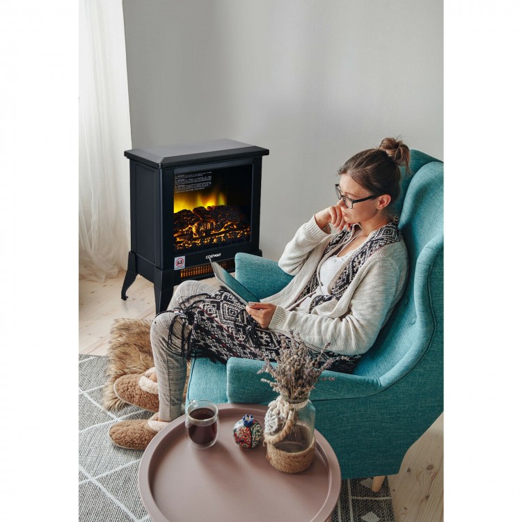 Compact portable space heater in black with realistic flame effect, perfect for cozying up in any living space.
