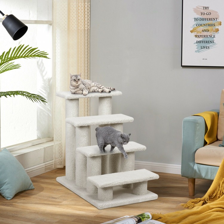 4-step pet stairs with soft fleece covering, ideal for helping cats reach elevated spots and providing scratching.