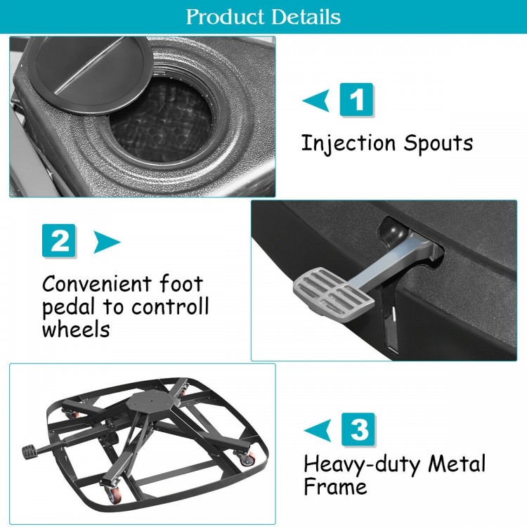 Patio cantilever umbrella base with wheels, featuring large filling spouts and a heavy-duty metal frame for stability.