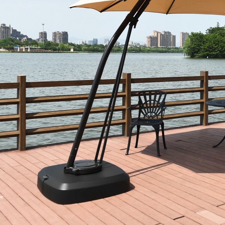 Patio cantilever umbrella base with wheels, made of durable materials, designed for stability in outdoor settings.