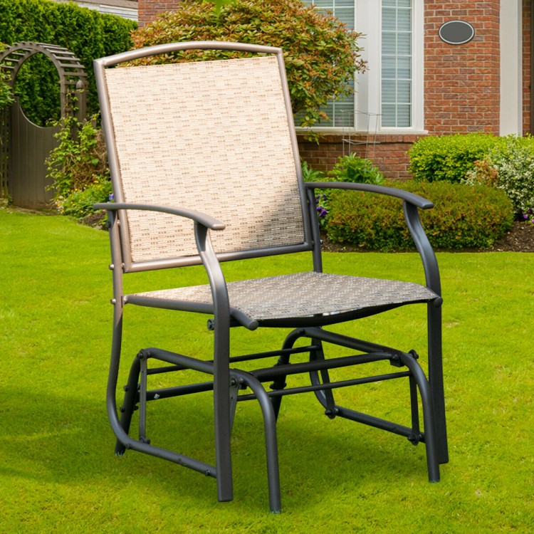 Single glider chair with a sturdy steel frame and breathable fabric, perfect for outdoor relaxation in the garden or.