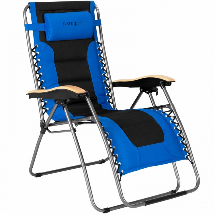 Oversize blue padded zero gravity lounge chair with adjustable reclining angle and curved beech wood armrests for.