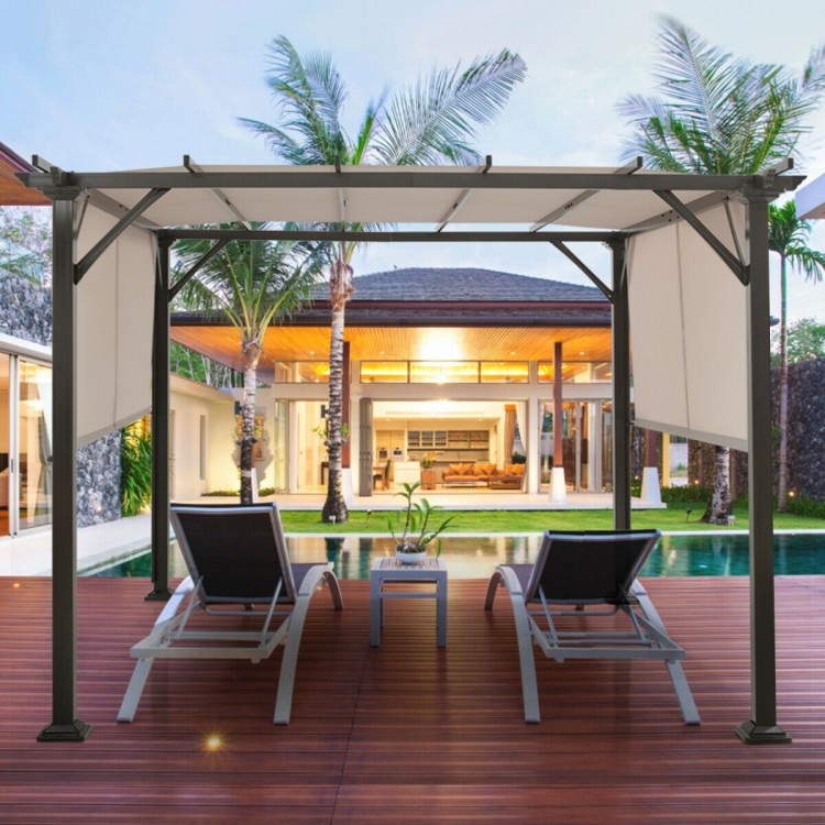 10x10 feet metal frame patio gazebo with beige retractable canopy, ideal for outdoor gatherings and sun protection.