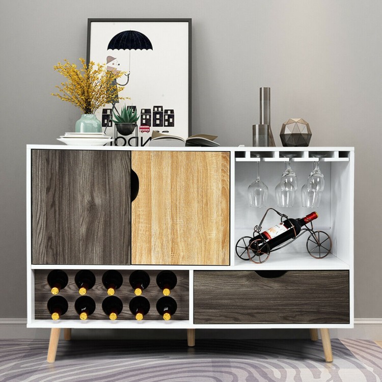 Mid-century buffet sideboard with wine rack, adjustable shelf, and large drawer, perfect for kitchen or dining room.
