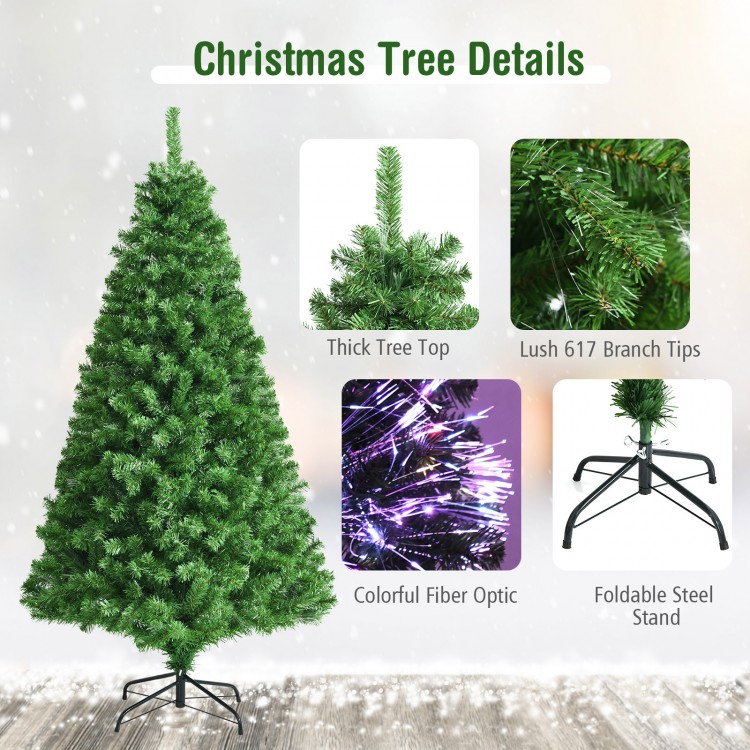6 feet pre-lit fiber optic artificial Christmas tree with 617 branch tips and a foldable metal stand for easy setup.