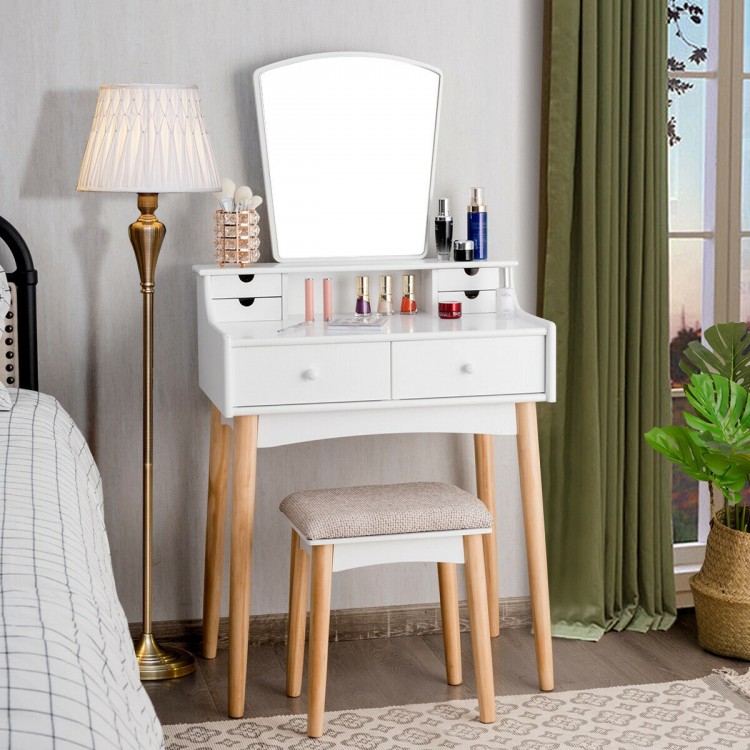 Makeup vanity set with unique shape mirror, 6 drawers, and solid stool, perfect for cosmetics and home decoration.