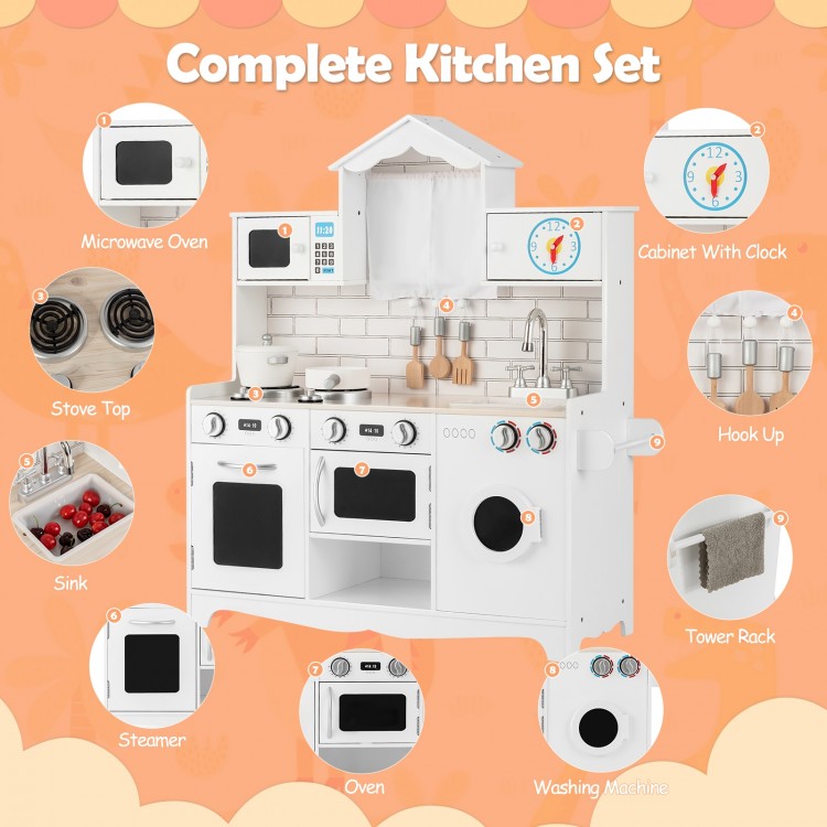 Wooden kids kitchen playset featuring a washing machine, oven, and sink, designed for imaginative play and creativity.