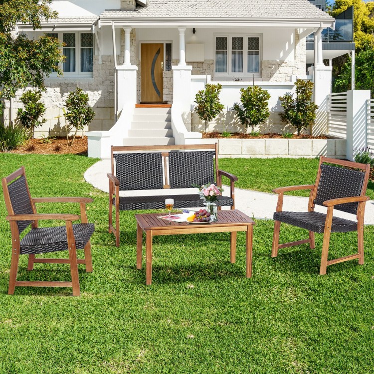 4-piece outdoor patio rattan furniture sofa set with acacia wood frame, perfect for garden relaxation and gatherings.