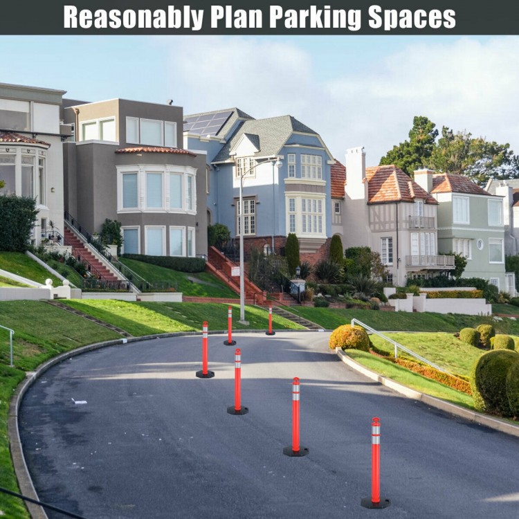Orange traffic delineator post cone with reflective collars, ideal for guiding traffic and marking parking spaces.