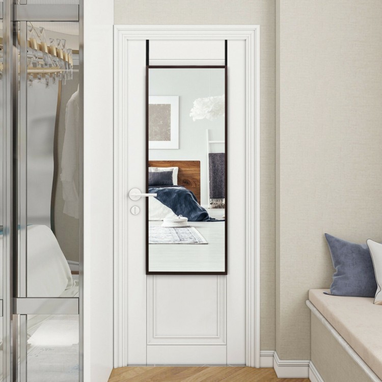 Full-length brown metal door mirror with adjustable hooks, perfect for checking outfits in any room or hallway.