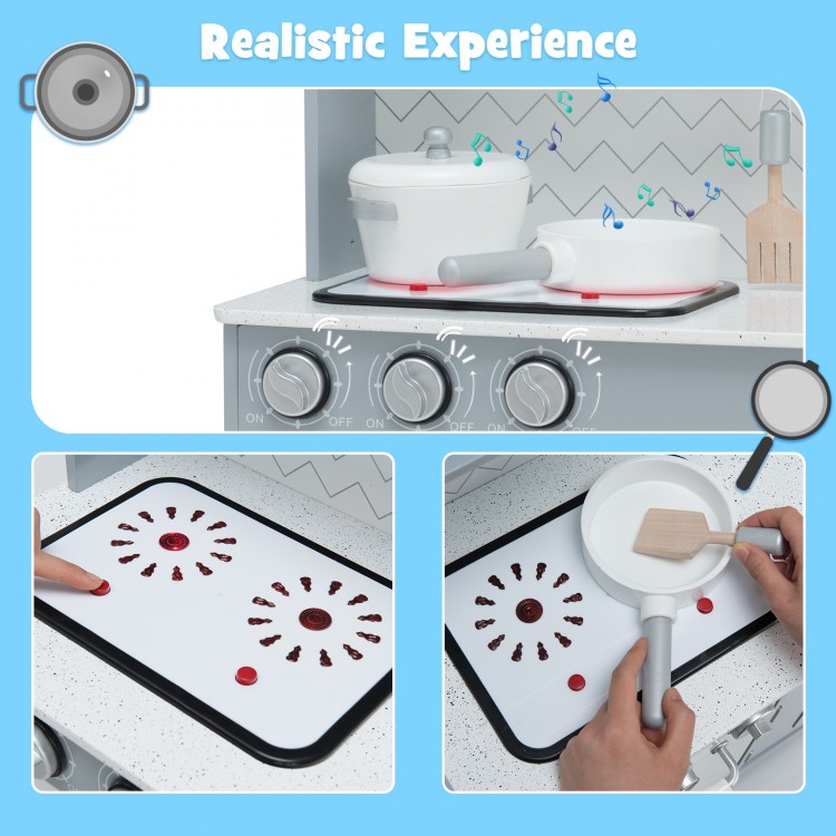 Wooden pretend play kitchen set with realistic light and sound features, designed for kids' fun and social skill.