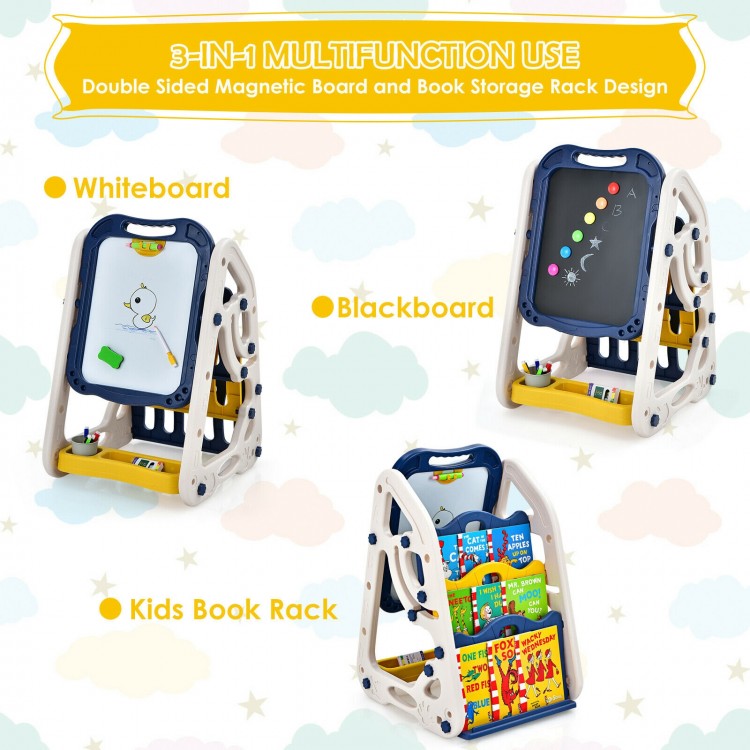 3-in-1 kids art easel featuring a blue double-sided whiteboard and chalkboard, plus a bookshelf for art supplies.
