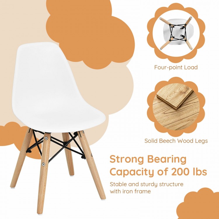 Mini-sized white DSW chair for kids with sturdy beech wood legs, ideal for nurseries and playrooms, supports 200 lbs.