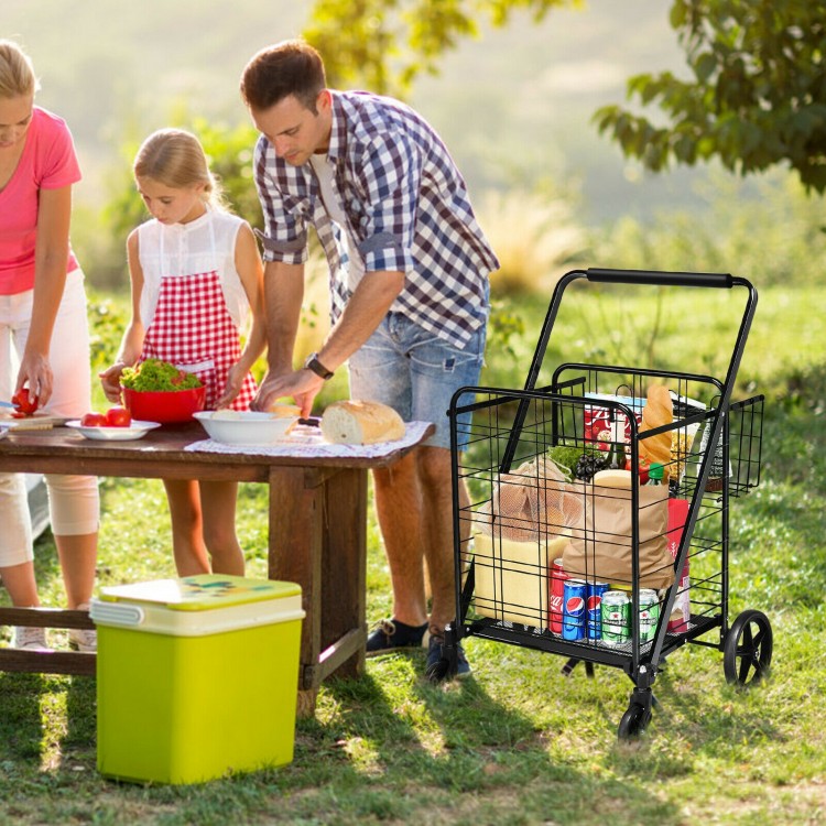 Heavy-duty black folding utility shopping cart with spacious baskets, maneuverable wheels, and ergonomic handle for.