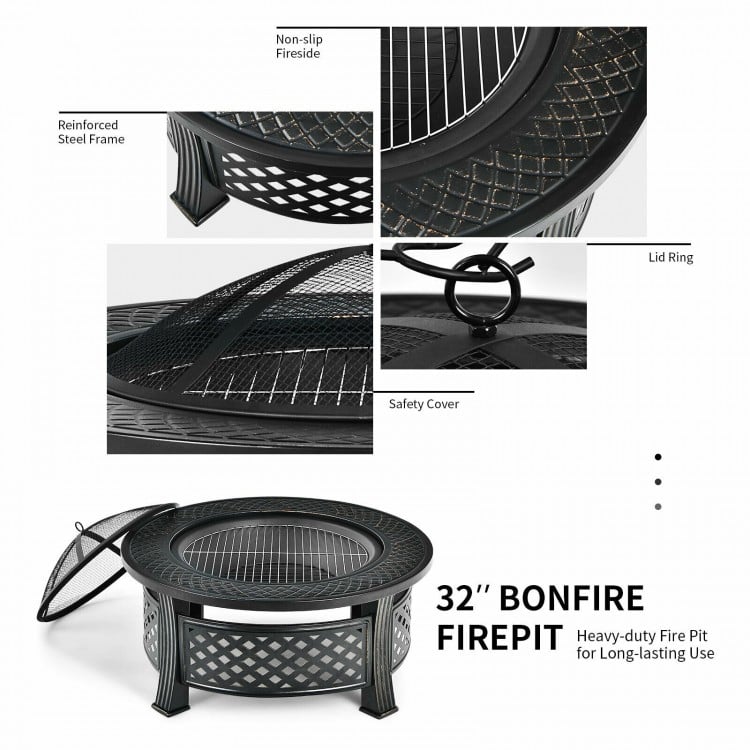 32" outdoor fire pit with mesh cover, high-temp steel frame, and safety poker, ideal for backyard and patio use.