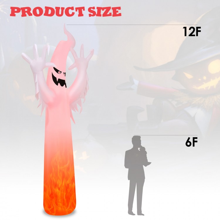 12-foot Halloween inflatable ghost decoration with LED lights, featuring a waterproof surface and realistic patterns.