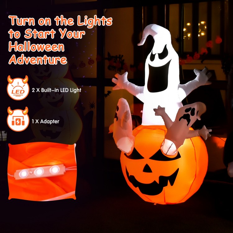 6 feet Halloween blow-up pumpkin decoration with built-in LED light, featuring a ghost and spooky design for outdoor.