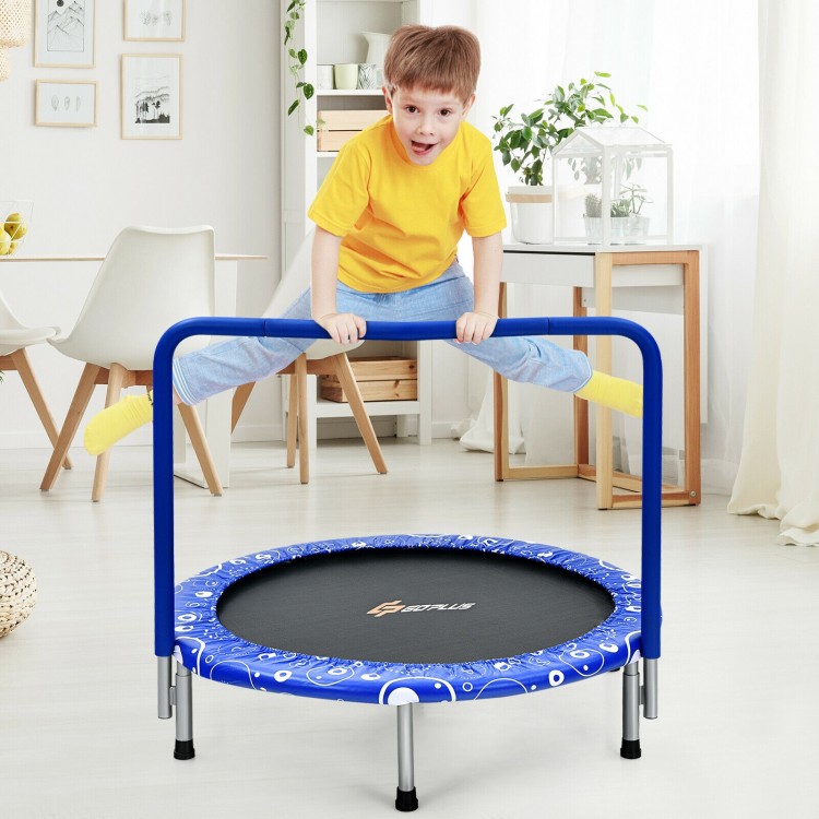 Kids trampoline with blue frame and padded handrail, designed for safe indoor jumping and energy release for ages 3-10.