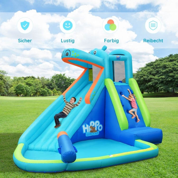 Colorful inflatable hippo water pool with a curved slide and climbing wall, ideal for active summer play and safe fun.