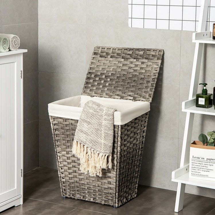 Handwoven gray laundry hamper with removable liner and flip lid, perfect for bathrooms and laundry rooms.