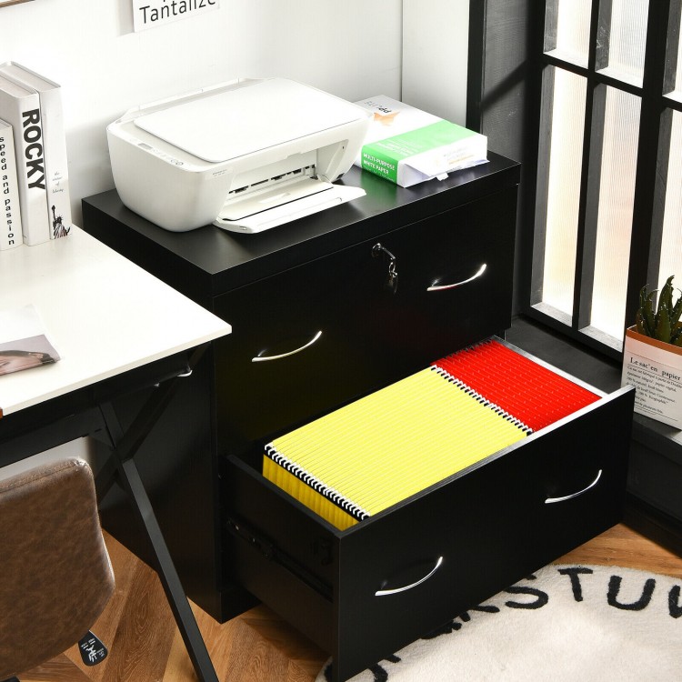 2-drawer black file cabinet with lock, ample storage for letter and legal size documents, ideal for home or office use.