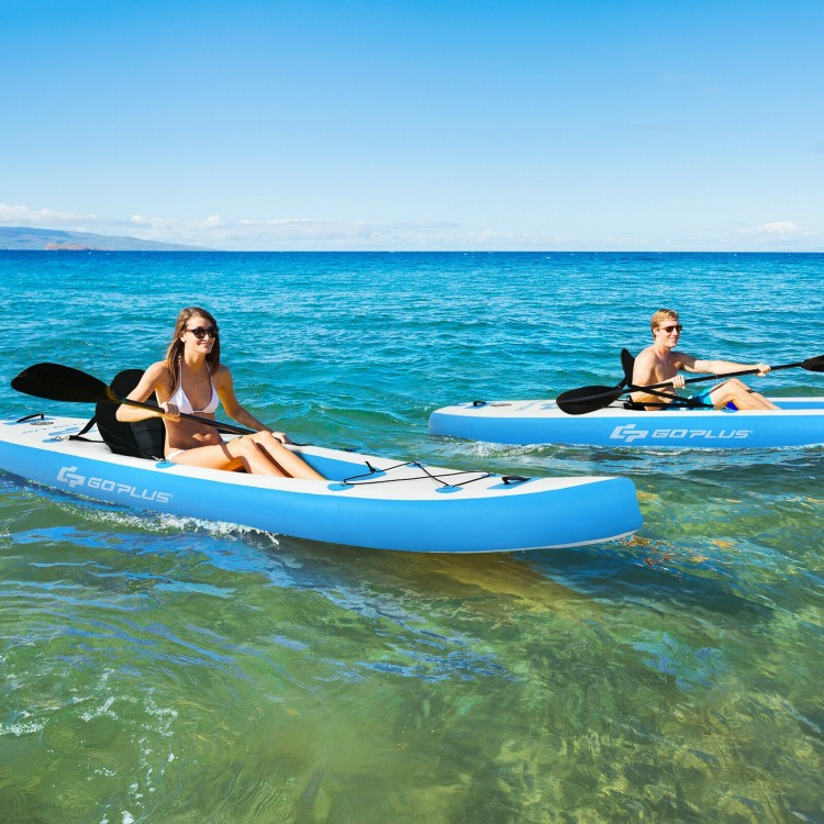 Two people kayaking in the ocean on a blue 10.8 feet inflatable kayak, perfect for water activities and easy transport.