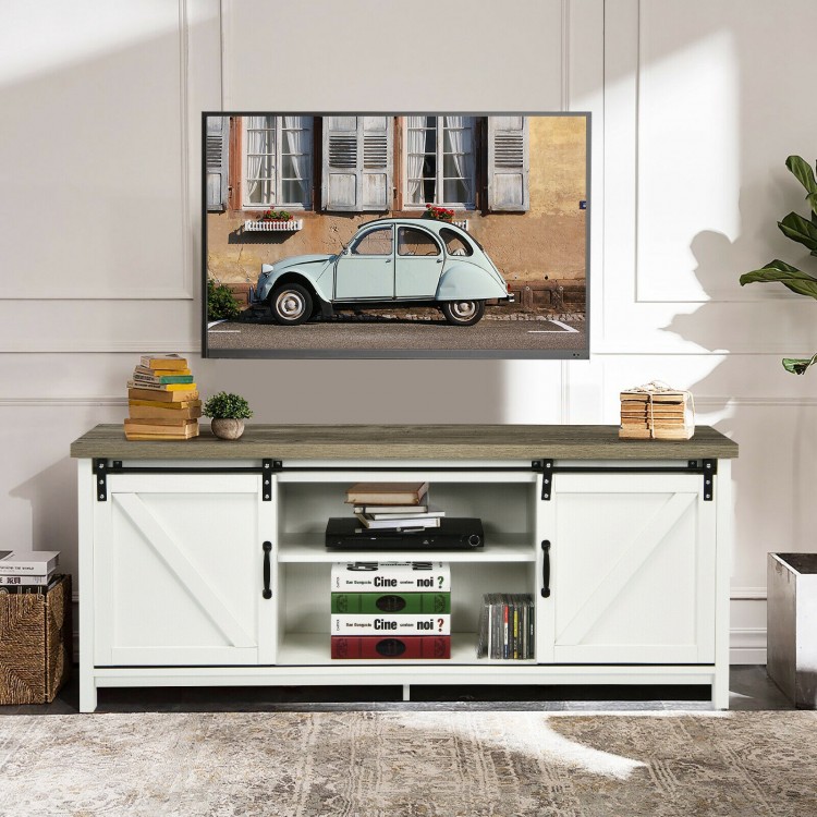 TV stand media center console cabinet in white with sliding barn doors, featuring ample storage for a 60" television.