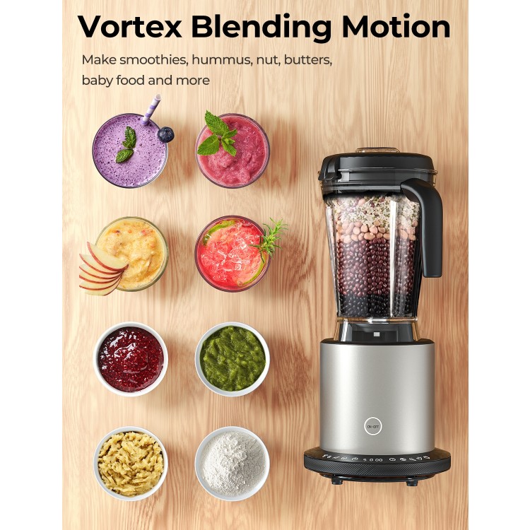 High-power 1500W blender with a 64oz pitcher, showcasing various blended foods and 10 adjustable speeds for versatile.