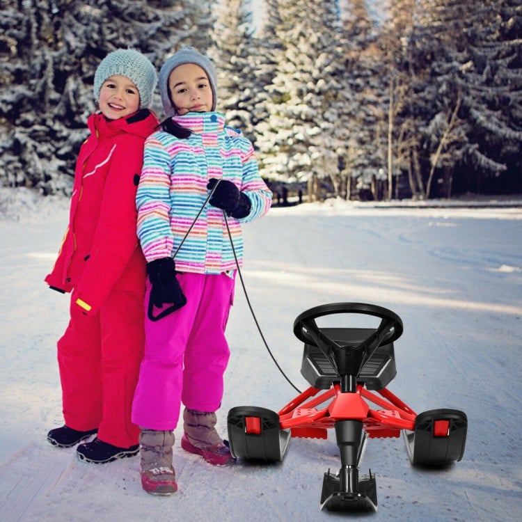 Snow sled with steering wheel and double brakes, featuring a durable iron frame and pull rope for easy hauling.