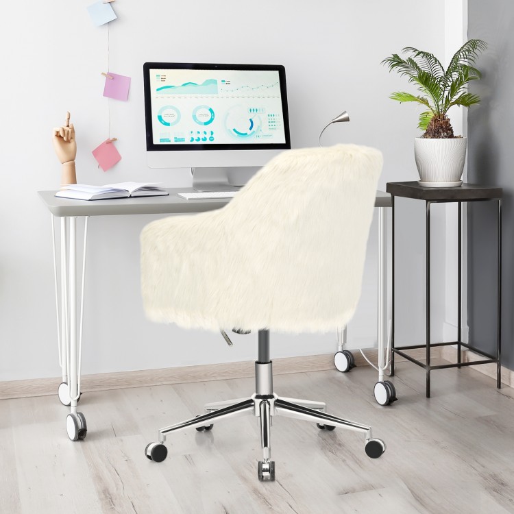 Fluffy beige faux fur office chair with ergonomic armrests and adjustable height, perfect for a stylish workspace.