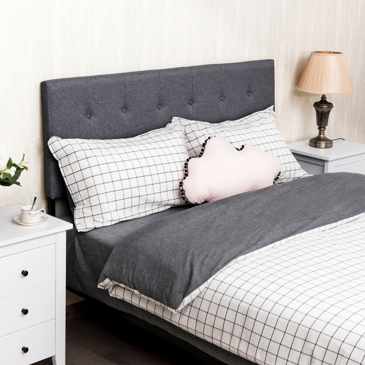 Gray adjustable tufted linen fabric upholstered headboard for queen and full size beds, featuring a simple, elegant.