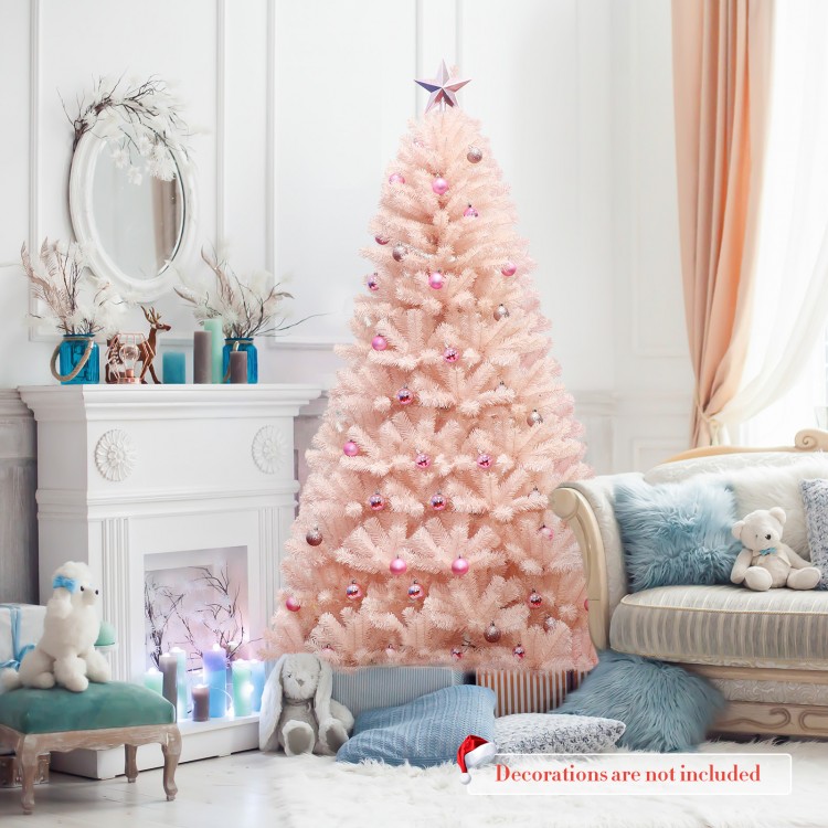 Pink 6ft artificial Christmas tree with hinged construction, eco-friendly PVC, perfect for home or commercial.