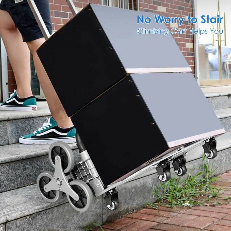 Portable folding stair climbing hand truck with three-wheel design, adjustable handle, and elastic rope for secure.
