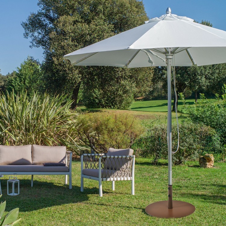 Outdoor steel market umbrella base stand, 50lbs for stability, suitable for garden or poolside use with various.