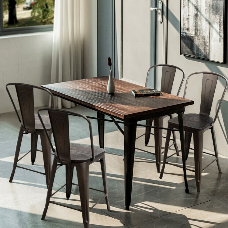 Set of four industrial metal dining chairs with elmwood seats, showcasing a modern vintage design for versatile use.