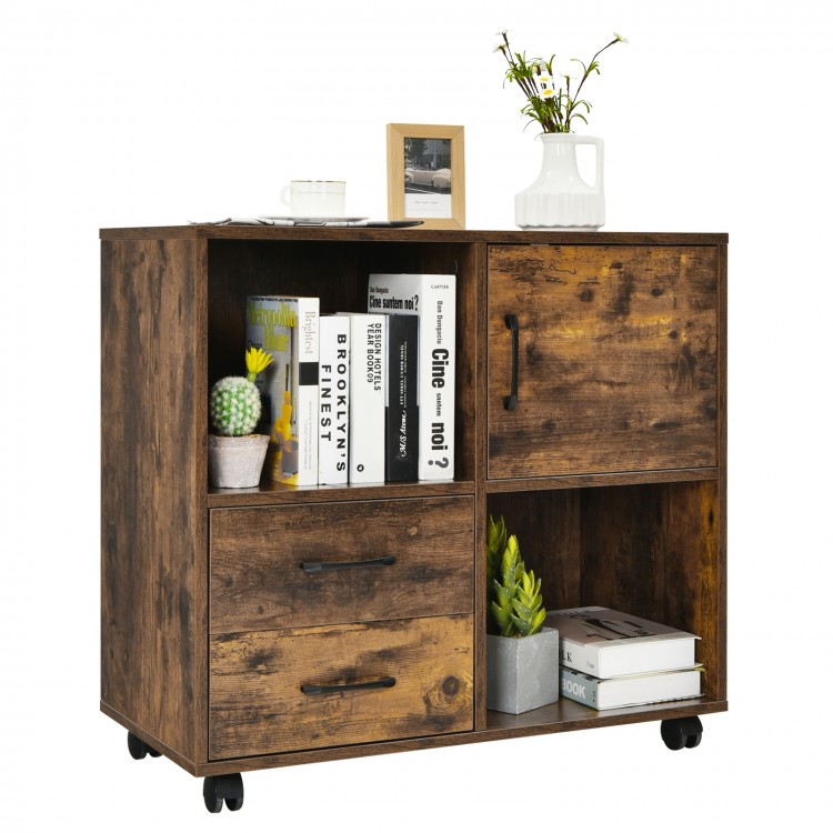 Mobile file cabinet in brown with open compartments and drawers, featuring wheels for easy movement and versatile.