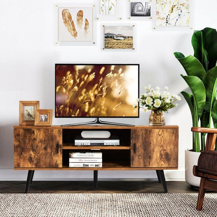Industrial TV stand in rustic brown with storage cabinets, designed for TVs up to 55", perfect for living room.