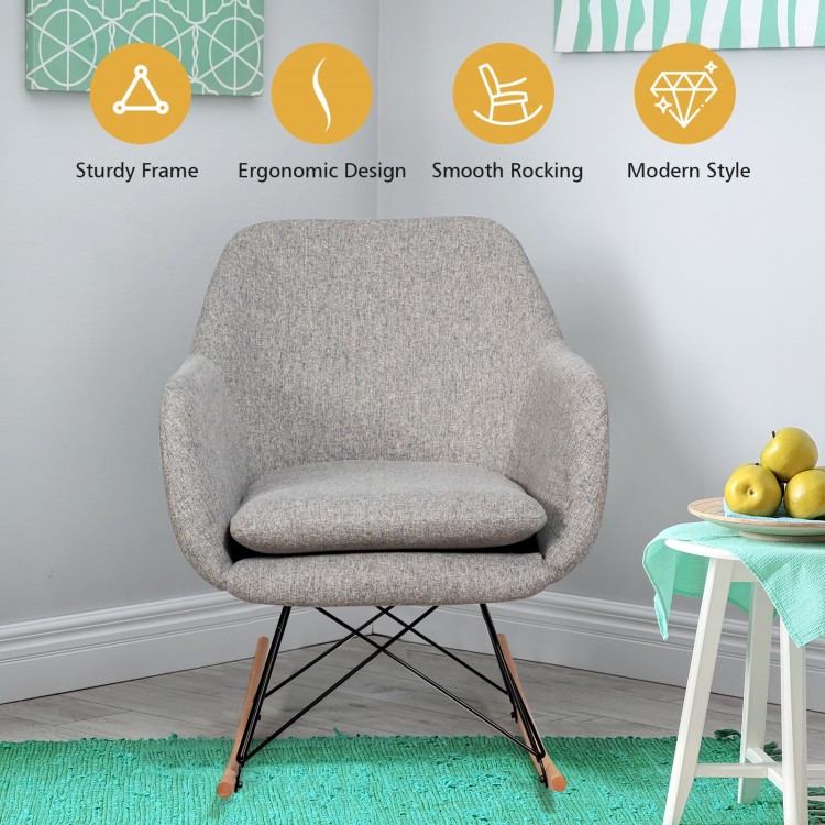 Gray accent upholstered rocking armchair with linen fabric, steel and beech wood construction, ideal for living room.