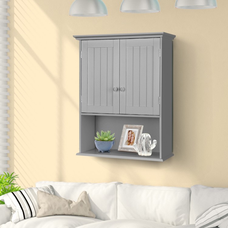 Wall-mounted dark gray bathroom storage cabinet with two doors and an open shelf, ideal for compact spaces.