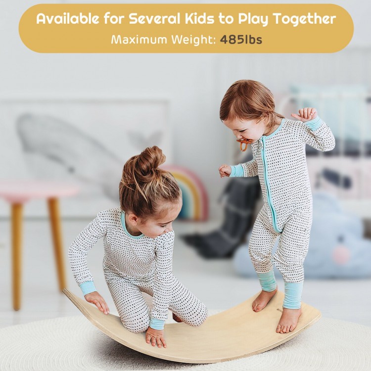 Wooden wobble balance board for kids, made of premium birch, supports up to 485 lbs for various fun activities.