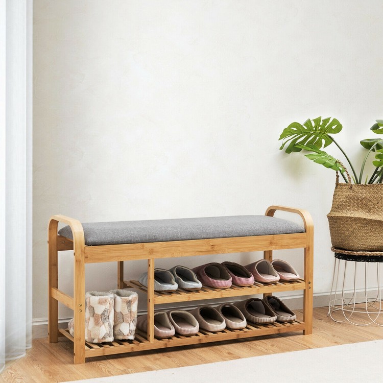 Bamboo shoe rack bench with cushion, featuring three tiers for storage and ergonomic design, perfect for entryway use.